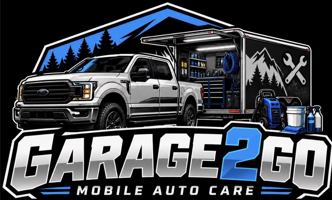 Garage2Go Mobile Auto Care logo: a silver pickup truck towing an open service trailer stocked with tools, set against blue mountains and pine trees
